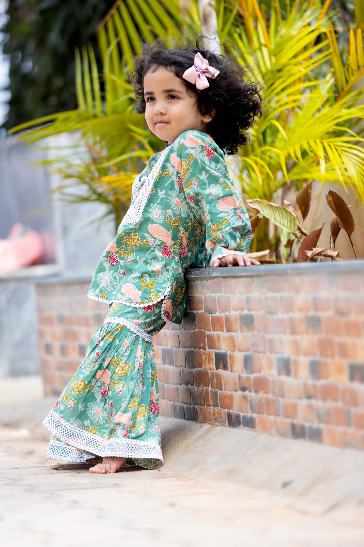 GIRLS MINTY GREEN SHARARA SET WITH LACE DETAILS