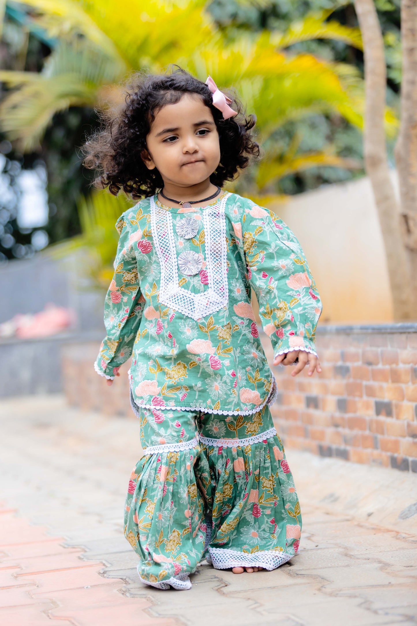GIRLS MINTY GREEN SHARARA SET WITH LACE DETAILS