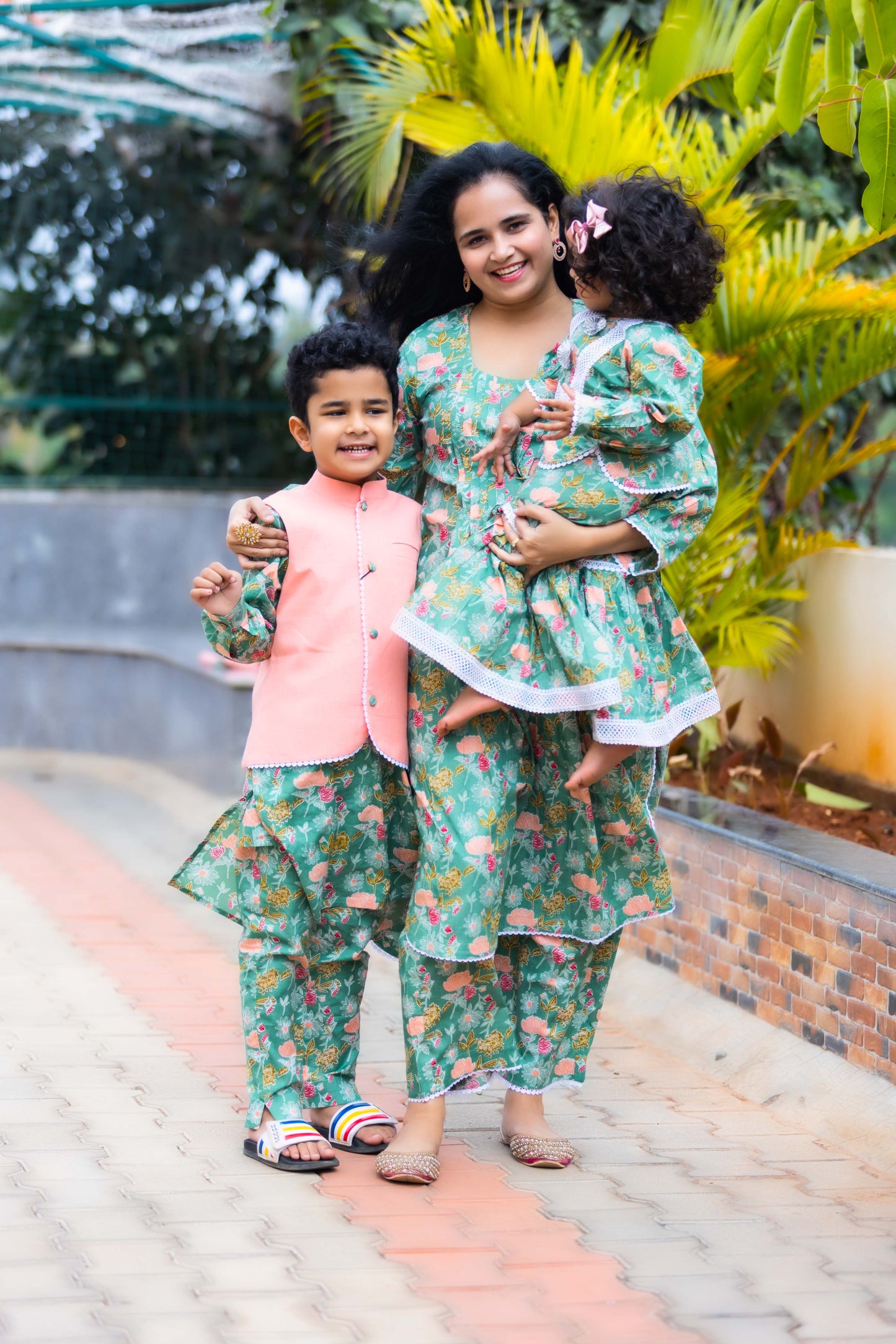 BOYS MINTY GREEN FLORAL KURTA SET WITH NEHRU JACKET