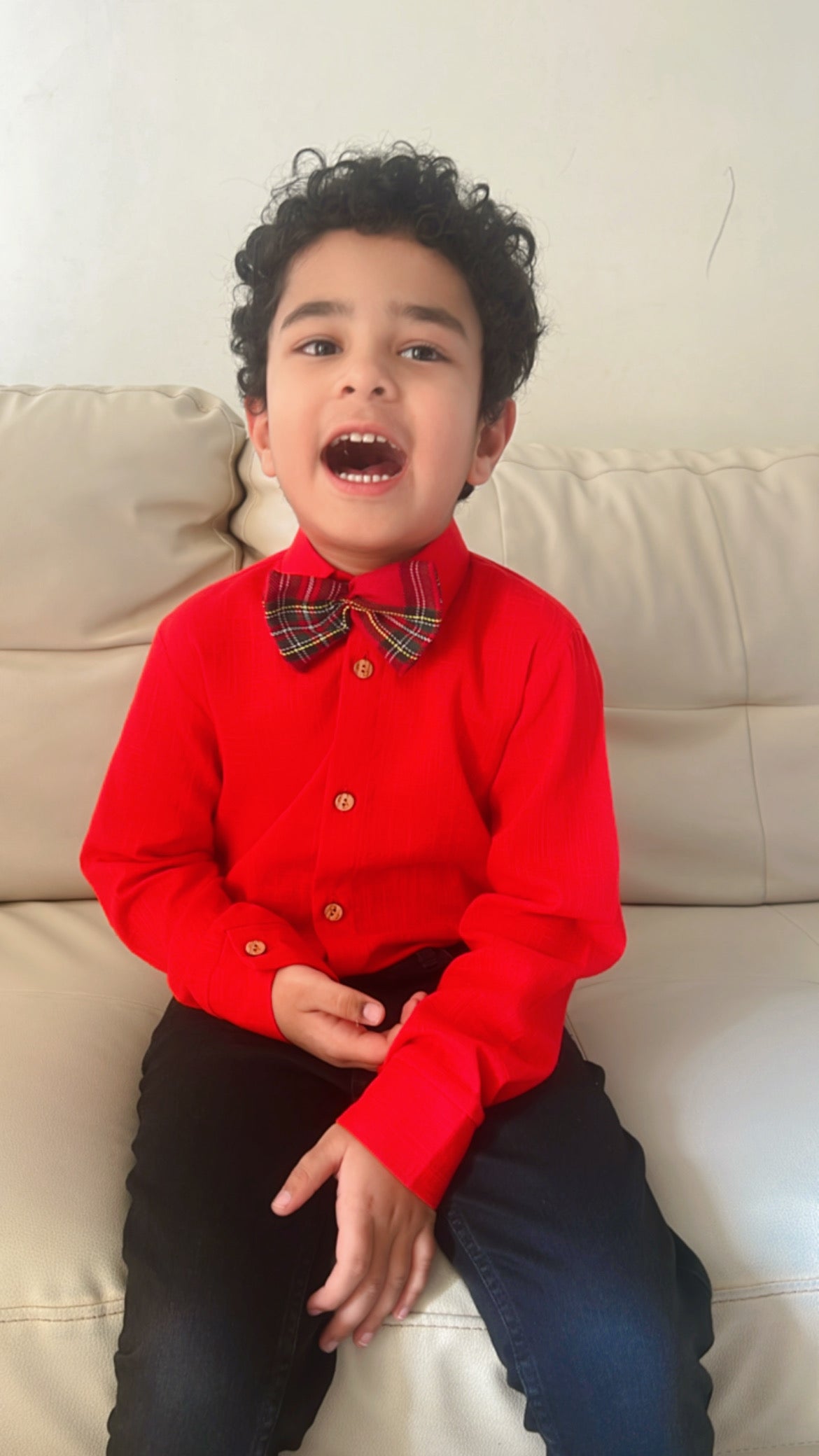 Boys Cotton Shirt With Checkered Bow-tie