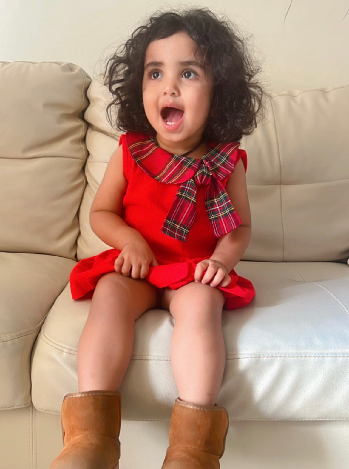 Girls Cotton Dress With Checkered Collar