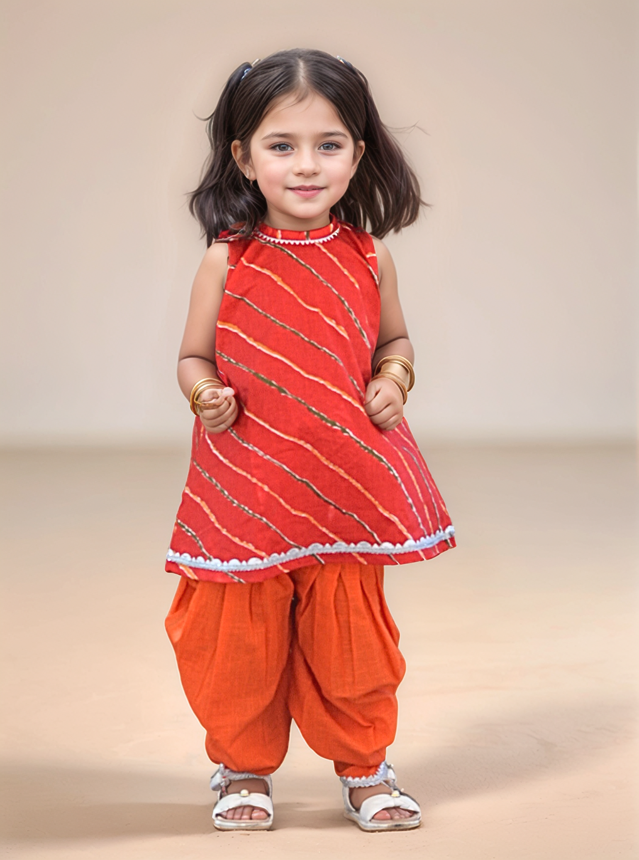 Red Leheriya Printed Cotton Kurti With Orange Tulip Pants - Set of 2