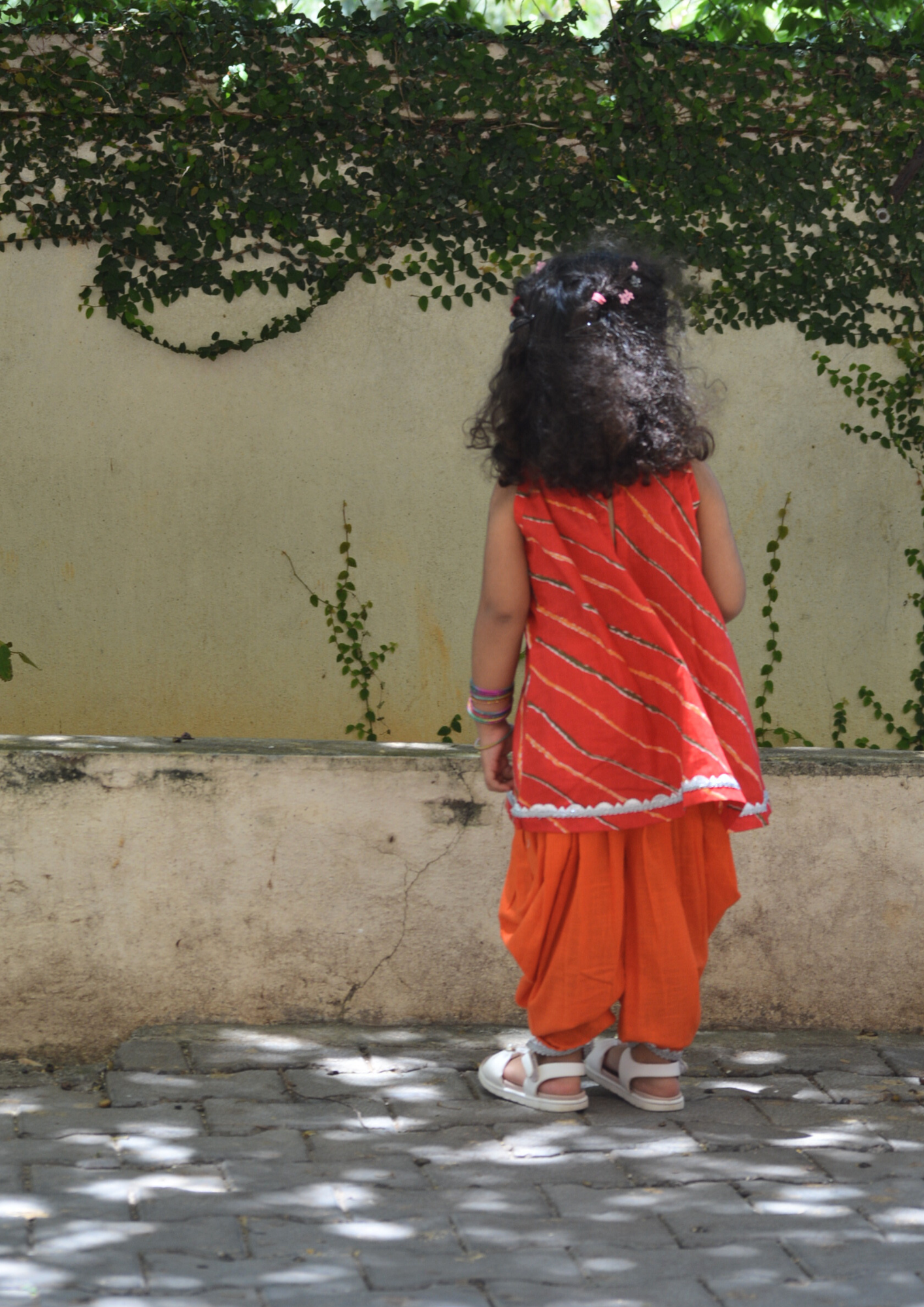 Red Leheriya Printed Cotton Kurti With Orange Tulip Pants - Set of 2