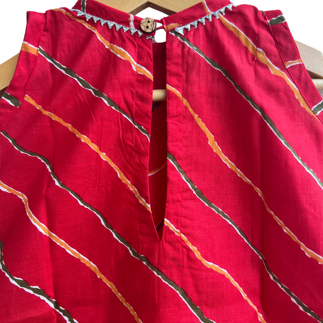 Red Leheriya Printed Cotton Kurti With Orange Tulip Pants - Set of 2