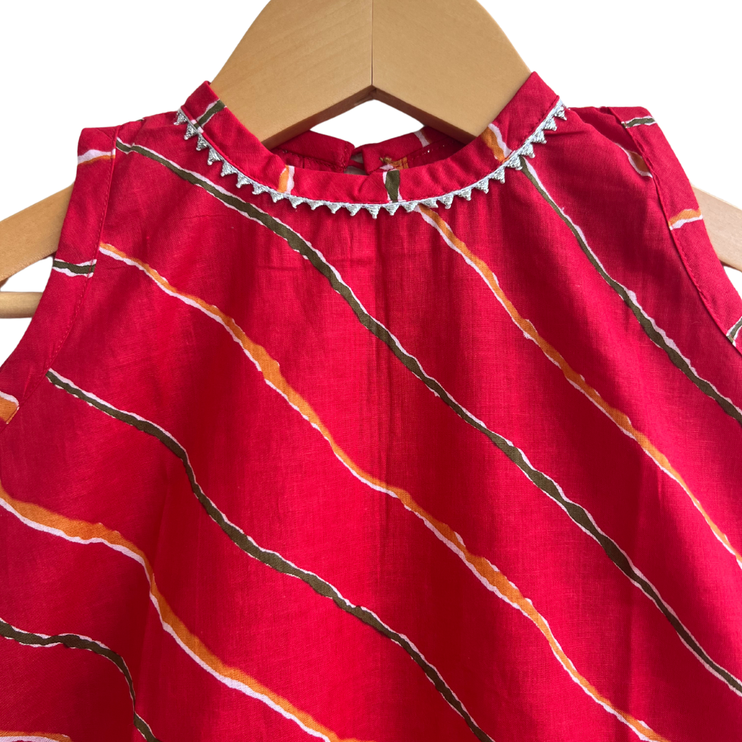 Red Leheriya Printed Cotton Kurti With Orange Tulip Pants - Set of 2