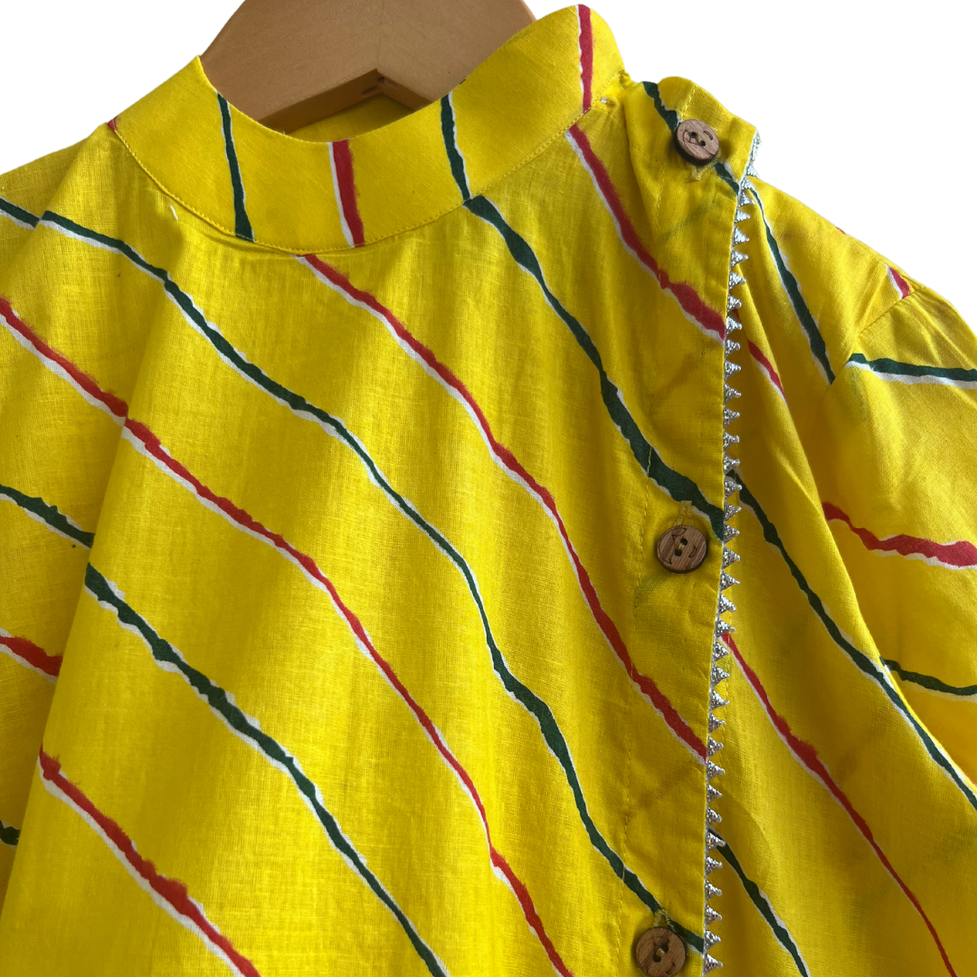 Yellow Leheriya Printed Cotton Kurta With White Pants - Set of 2