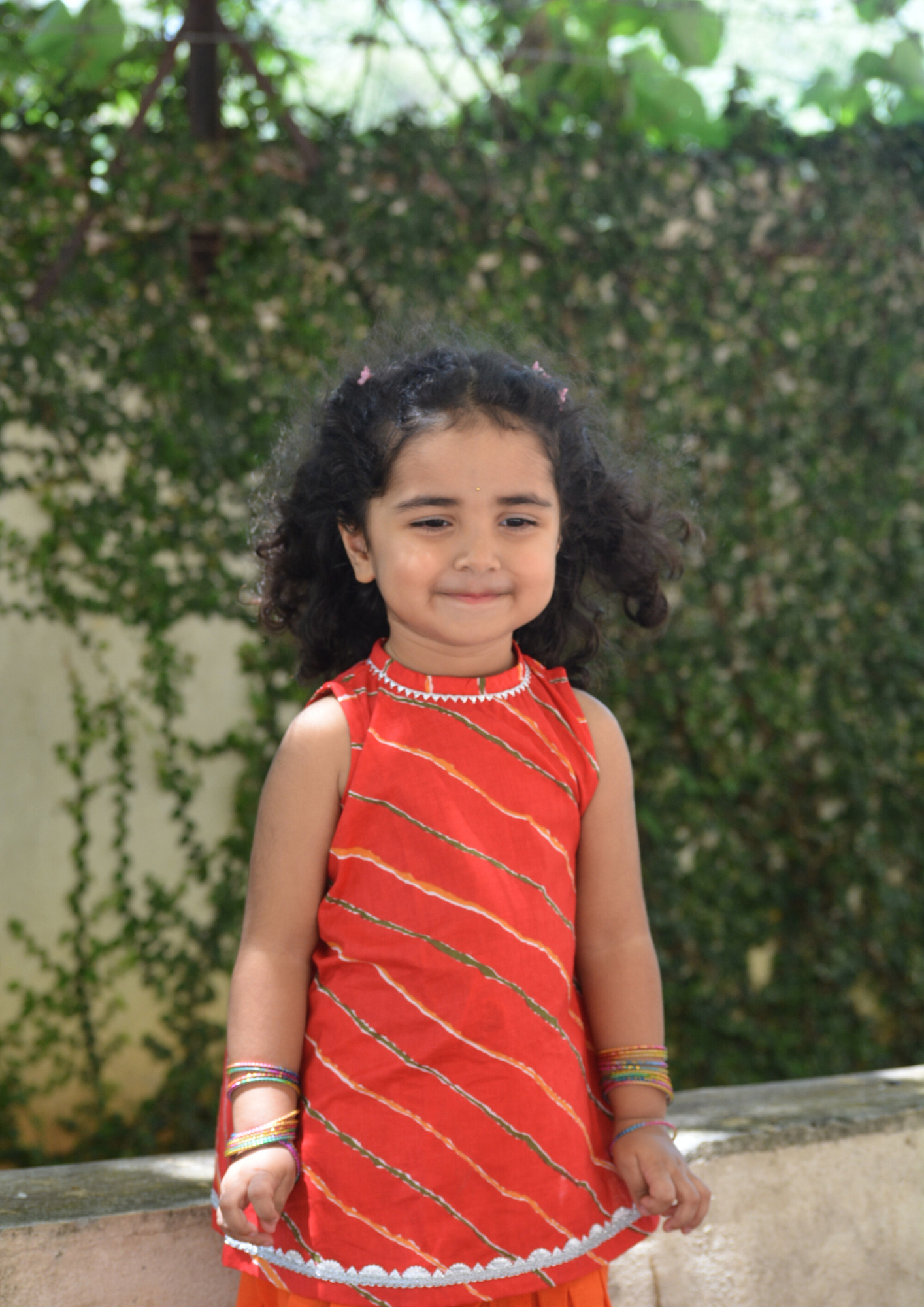 Red Leheriya Printed Cotton Kurti With Orange Tulip Pants - Set of 2