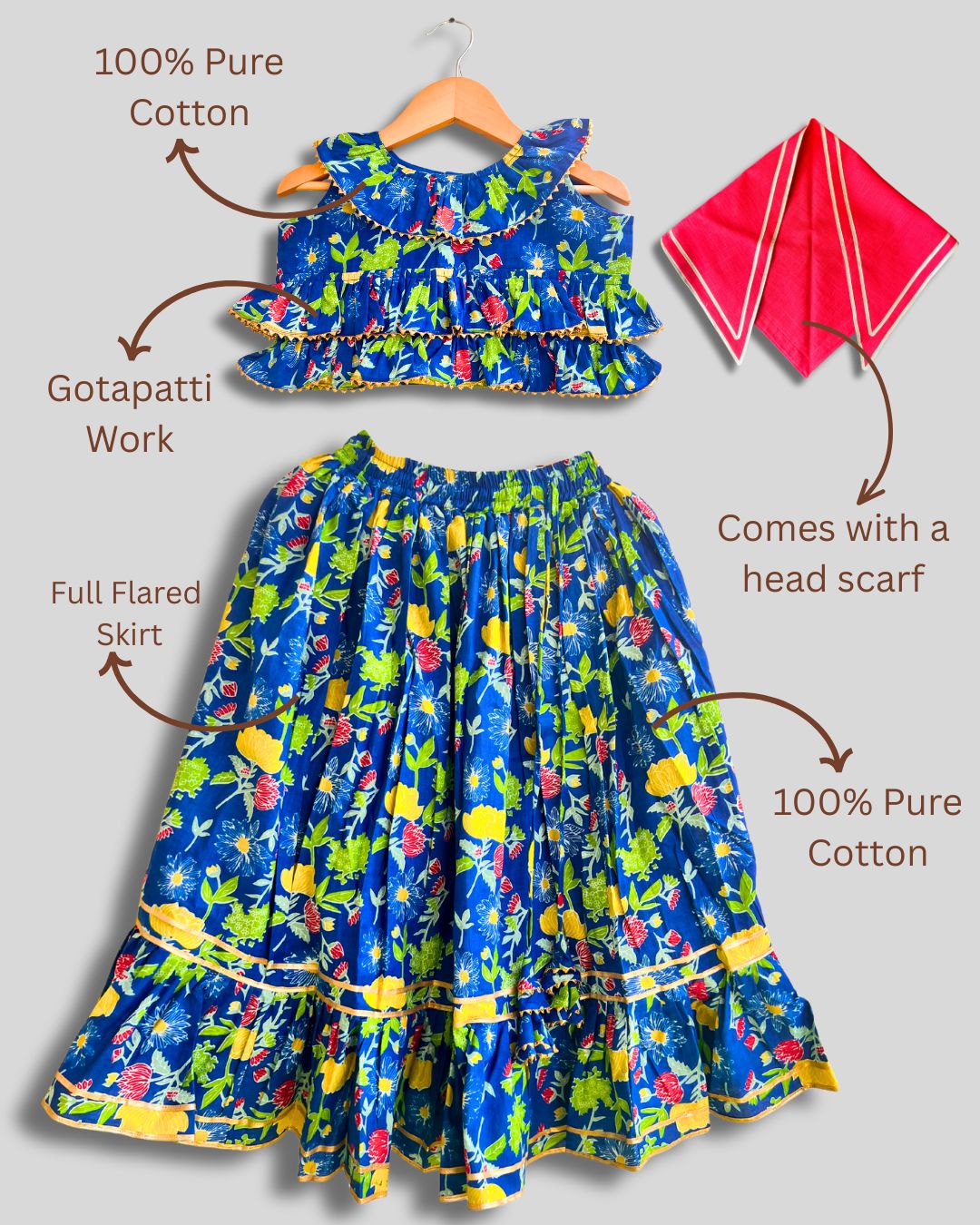 Royal Blue Cotton Floral Lehenga Set With Head Scarf