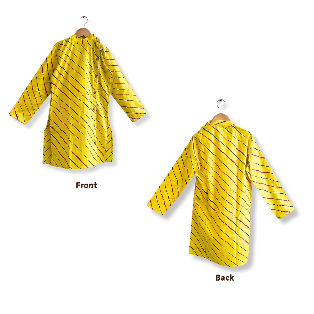Yellow Leheriya Printed Cotton Kurta With White Pants - Set of 2