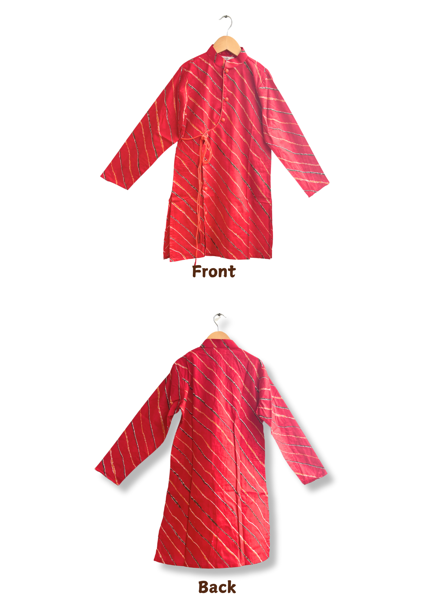Red Leheriya Printed Cotton Kurta With White Pajama - Set of 2