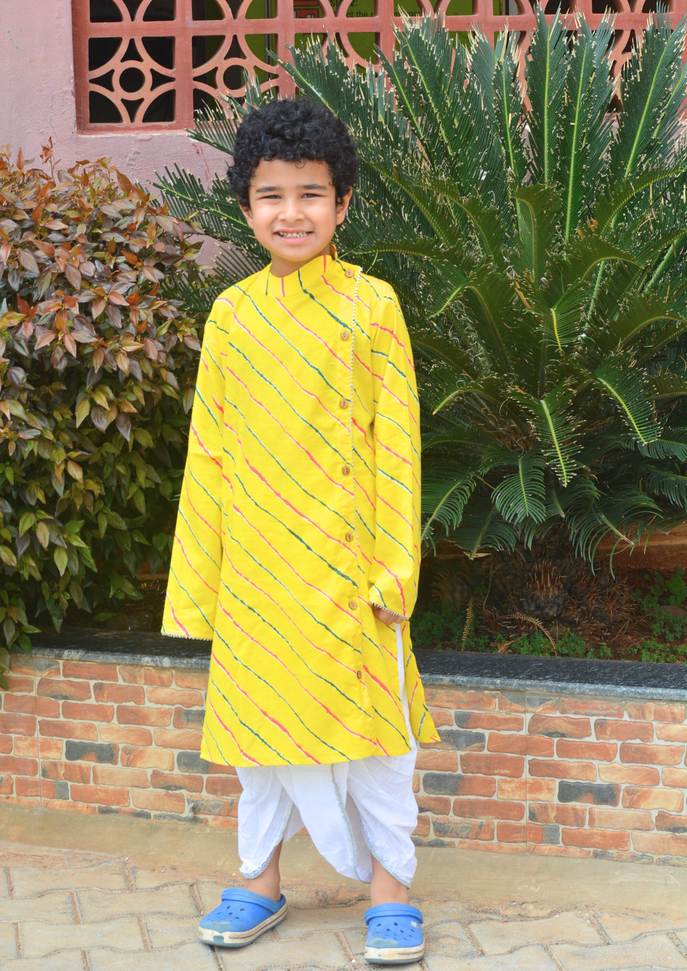 Yellow Leheriya Printed Cotton Kurta With White Dhoti - Set of 2