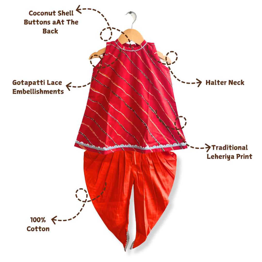 Red Leheriya Printed Cotton Kurti With Orange Tulip Pants - Set of 2