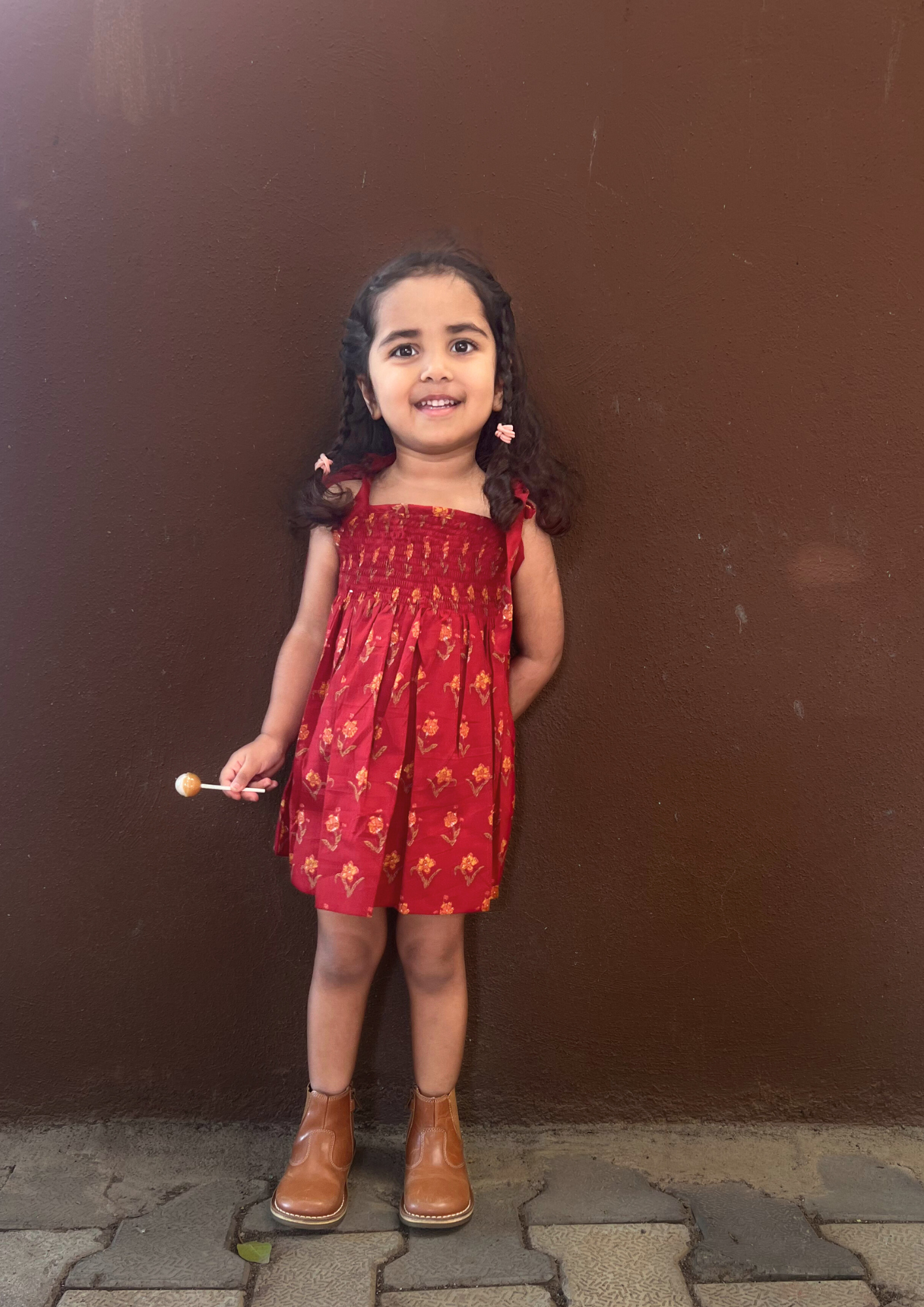 Girls Maroon Printed Smocked Dress