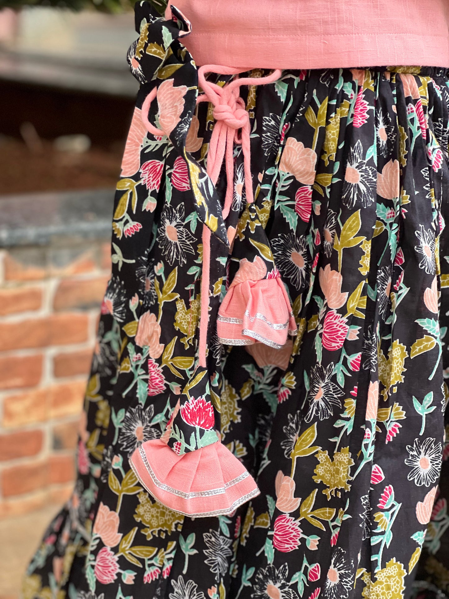 Peach And Black Floral Cotton Lehenga Set - Set of 2