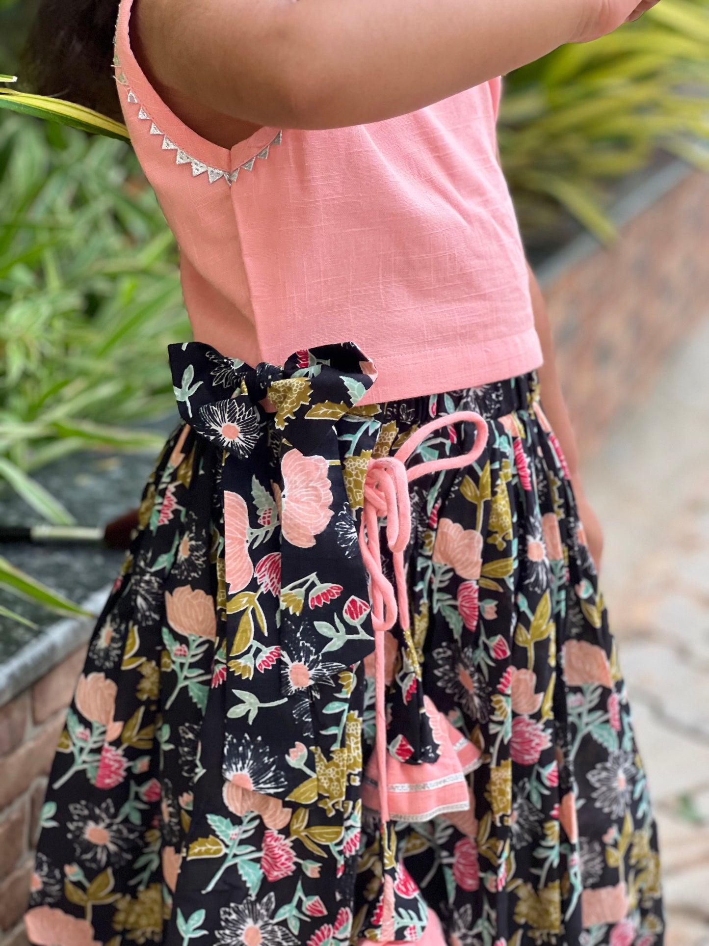 Peach And Black Floral Cotton Lehenga Set - Set of 2