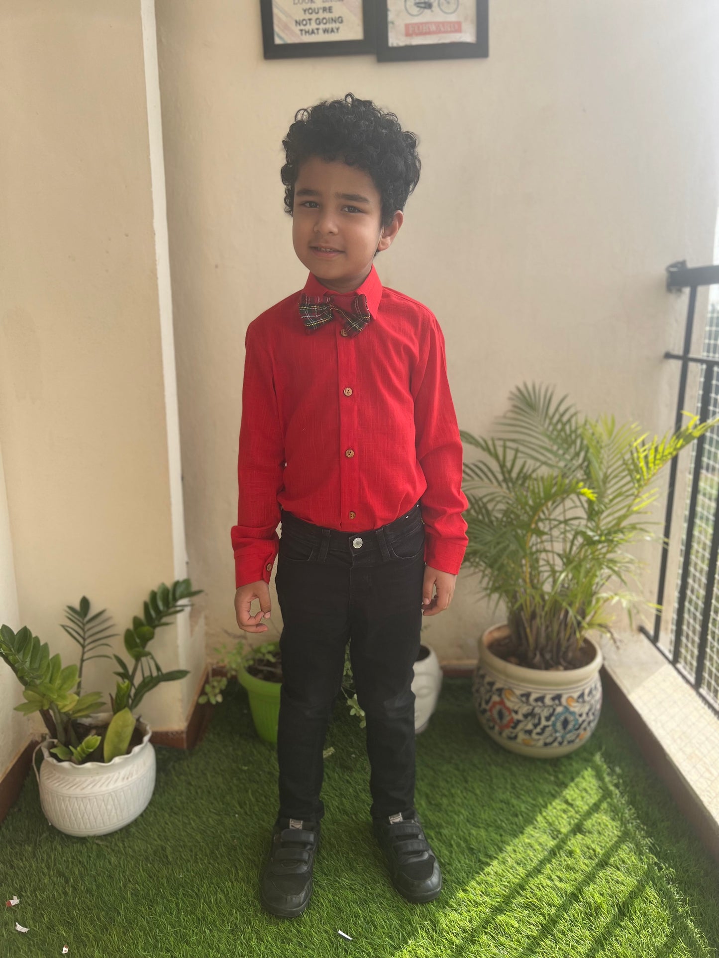 Boys Cotton Shirt With Checkered Bow-tie