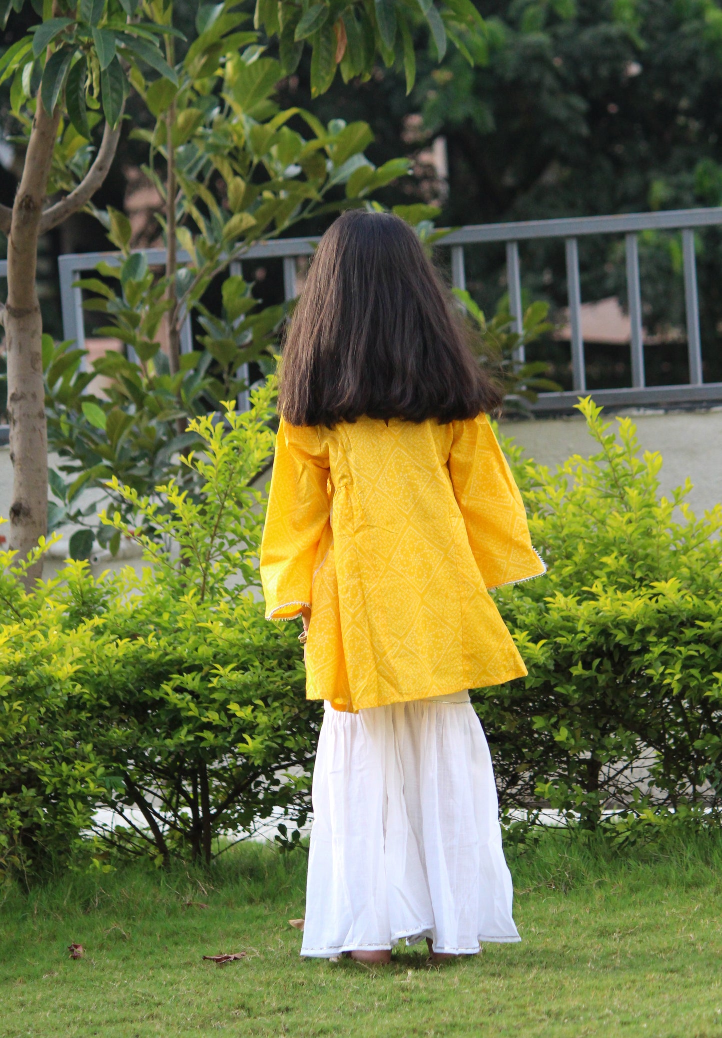 Yellow Bandhani Printed Cotton Kurti With White Sharara - Set of 2