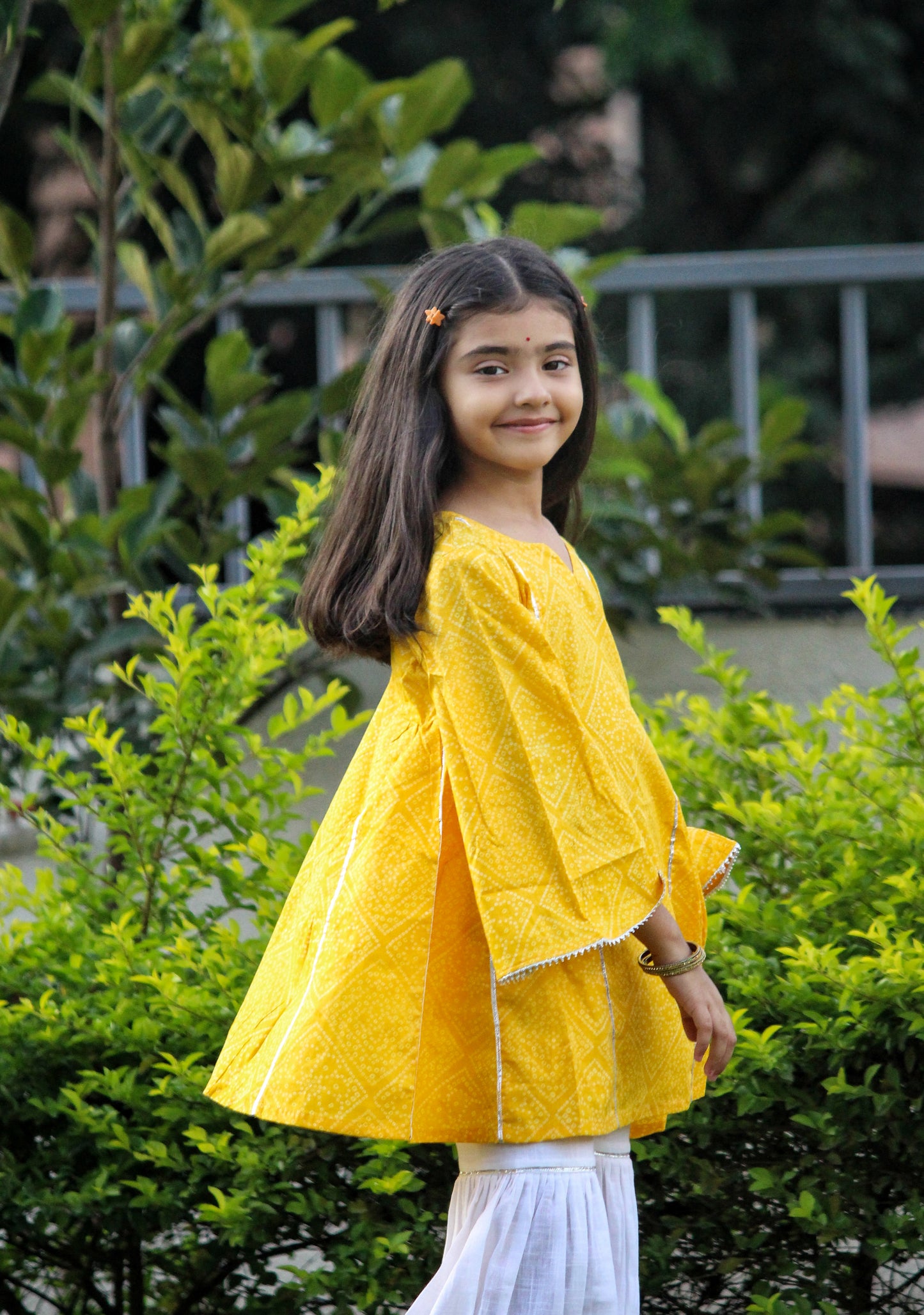 Yellow Bandhani Printed Cotton Kurti With White Sharara - Set of 2