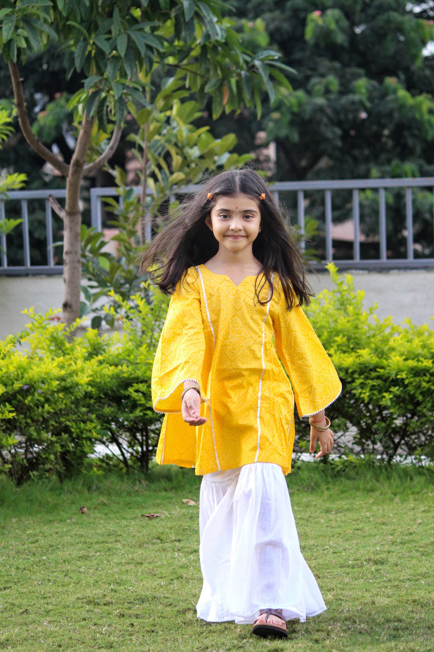 Yellow Bandhani Printed Cotton Kurti With White Sharara - Set of 2