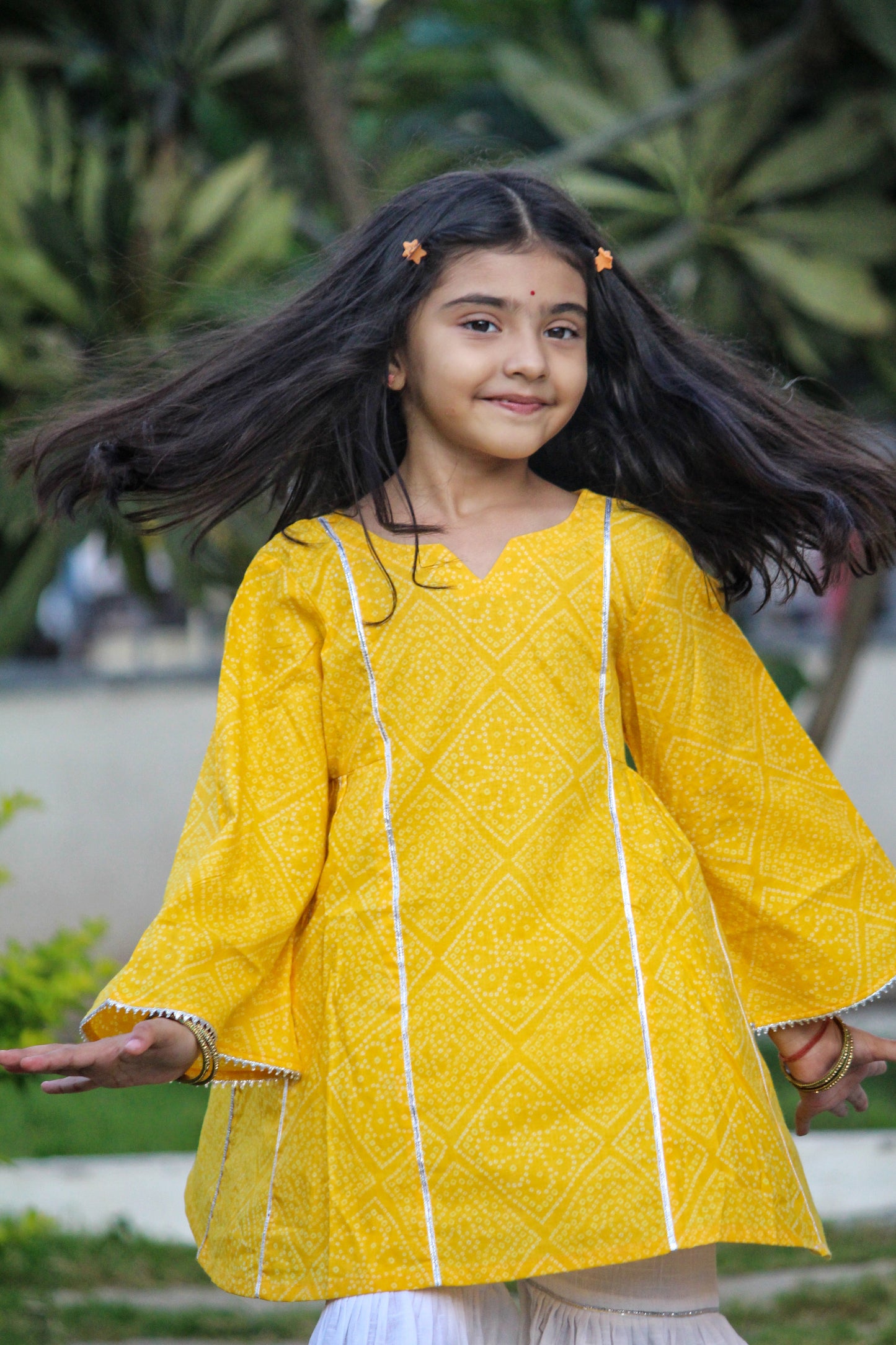 Yellow Bandhani Printed Cotton Kurti With White Sharara - Set of 2