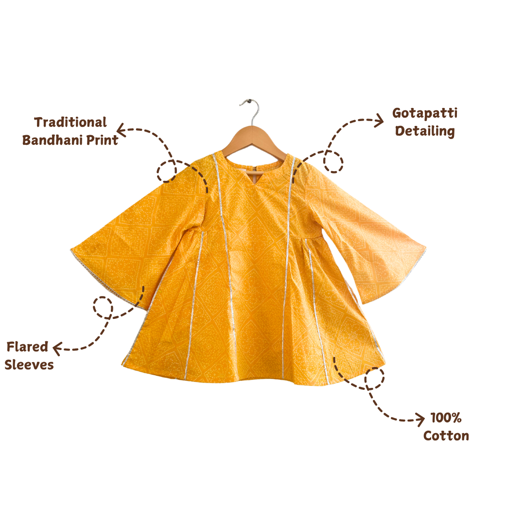 Yellow Bandhani Printed Cotton Kurti With White Sharara - Set of 2