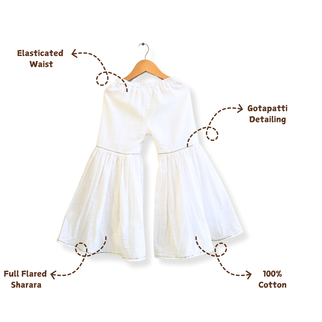 Yellow Bandhani Printed Cotton Kurti With White Sharara - Set of 2