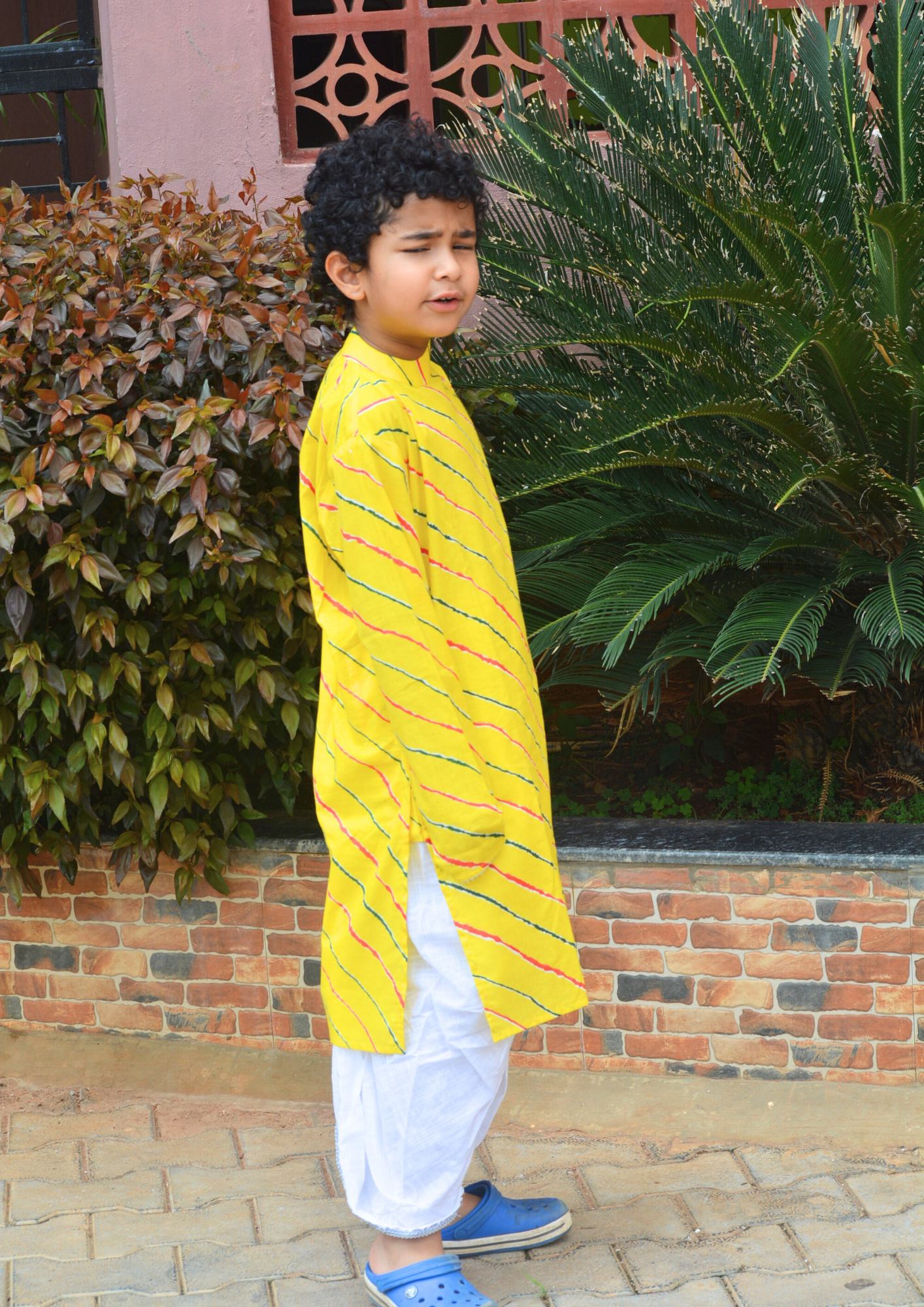 Yellow Leheriya Printed Cotton Kurta With White Dhoti - Set of 2