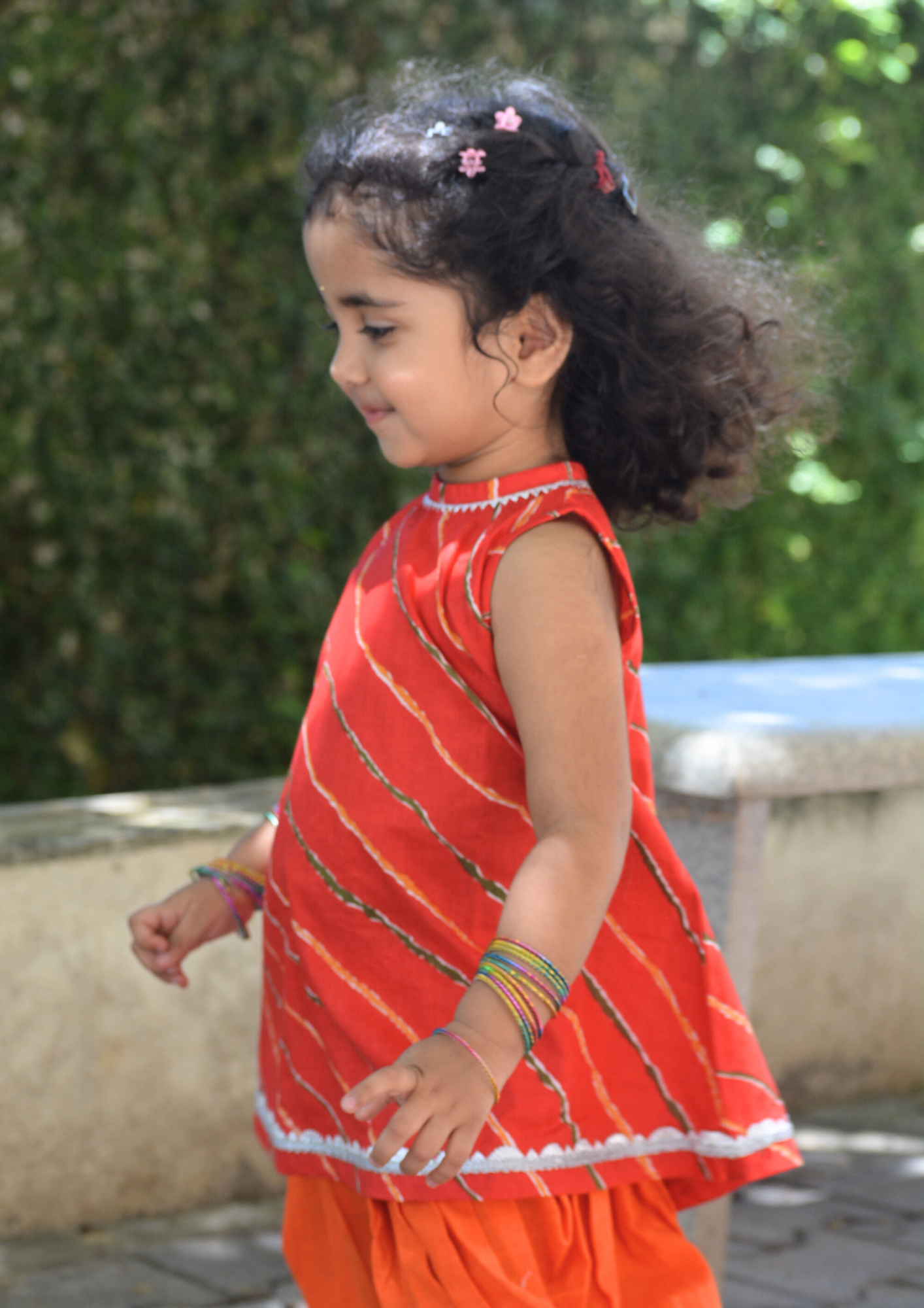 Red Leheriya Printed Cotton Kurti With Orange Tulip Pants - Set of 2