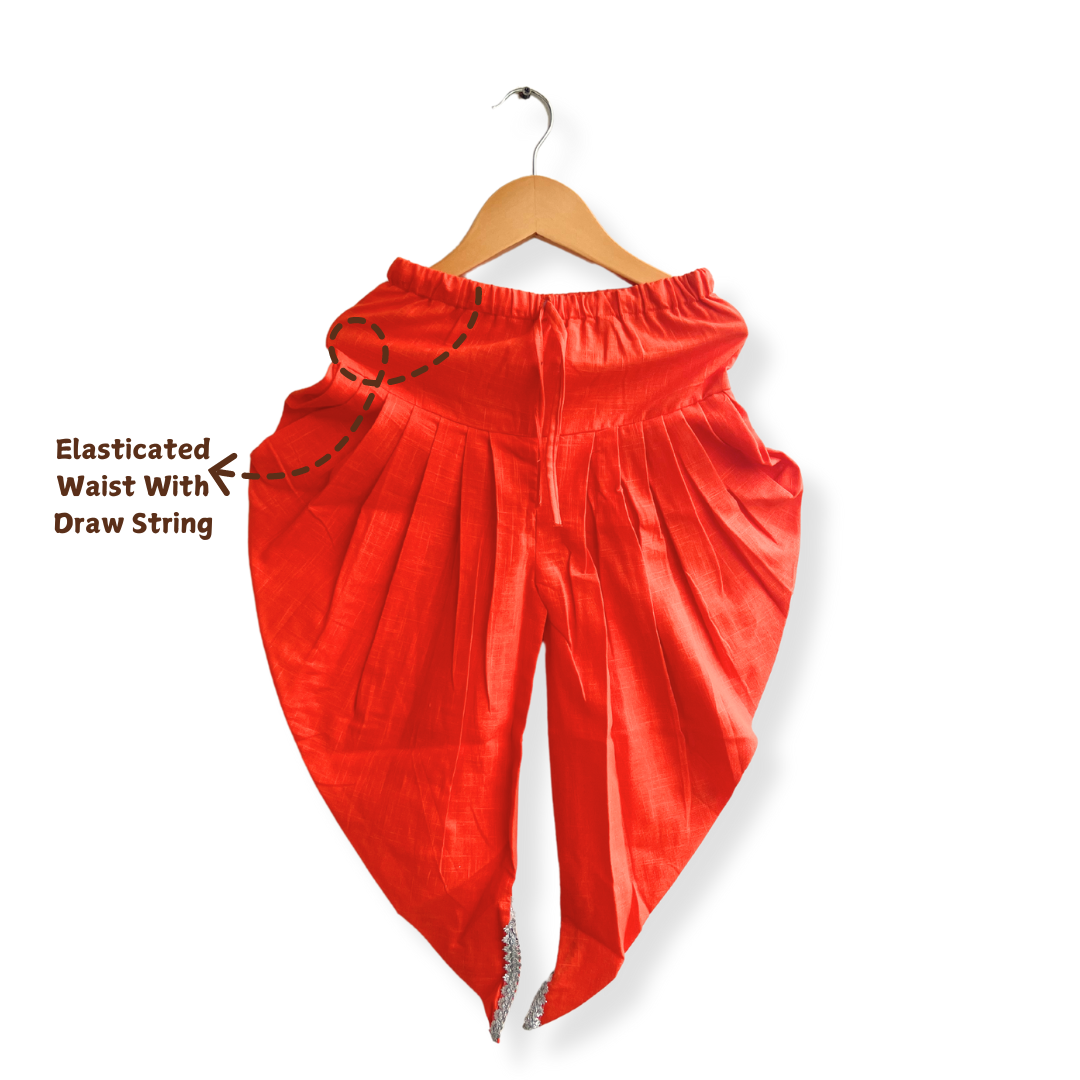 Red Leheriya Printed Cotton Kurti With Orange Tulip Pants - Set of 2