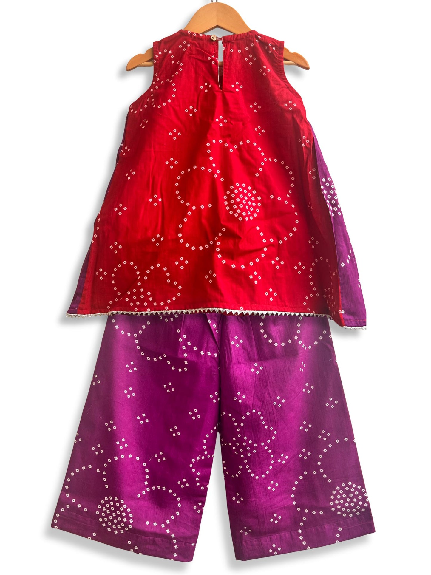 Girls Red and Purple Bandhani Kurti Set