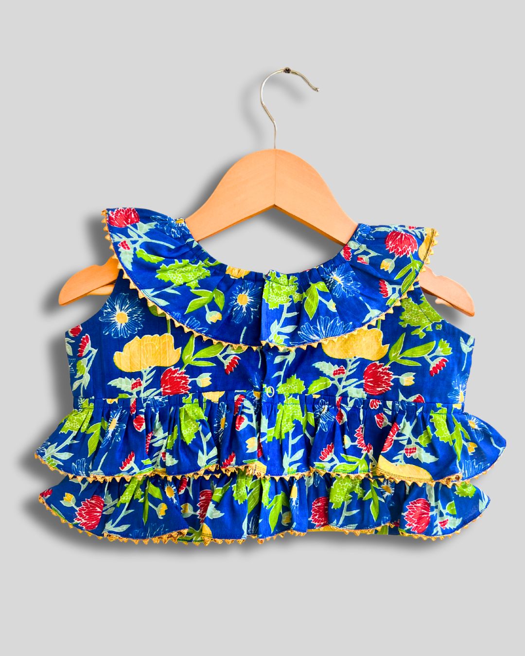 Royal Blue Cotton Floral Lehenga Set With Head Scarf