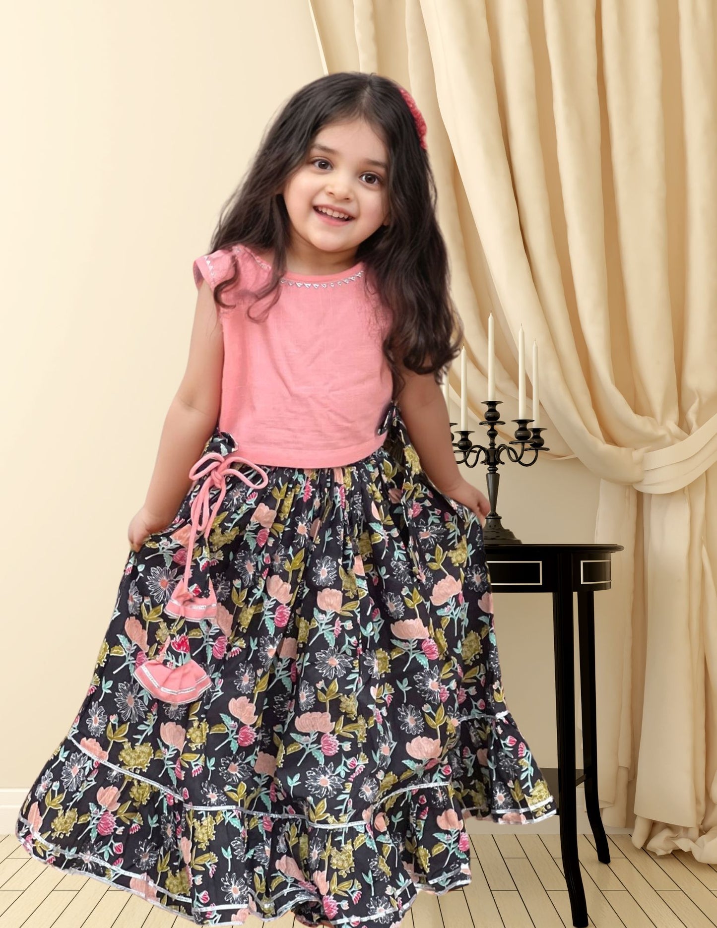 Peach And Black Floral Cotton Lehenga Set - Set of 2