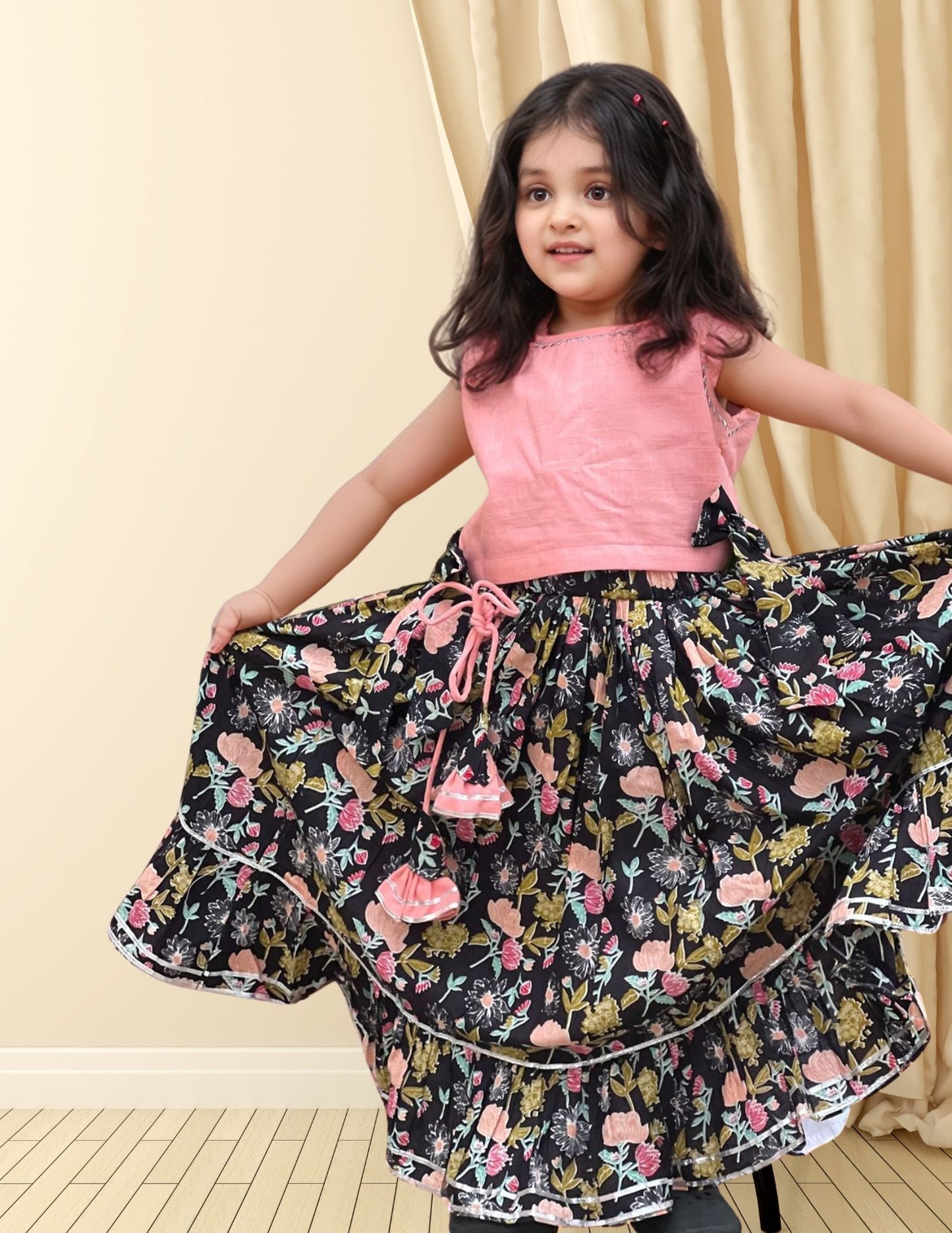 Peach And Black Floral Cotton Lehenga Set - Set of 2