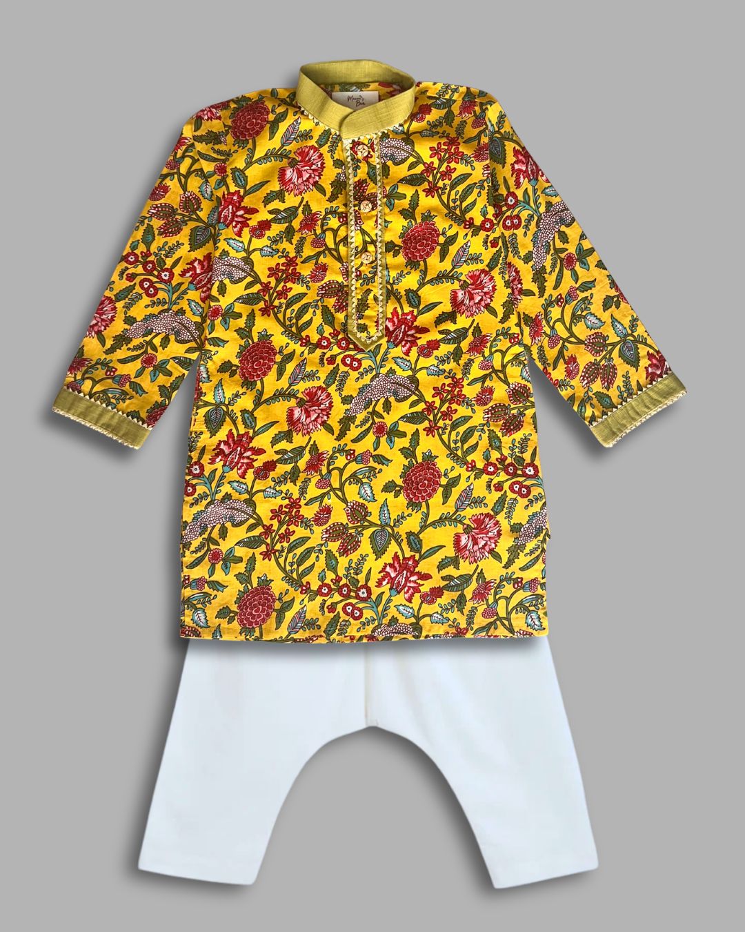 Boys Floral Kurta Pajama Set - Yellow