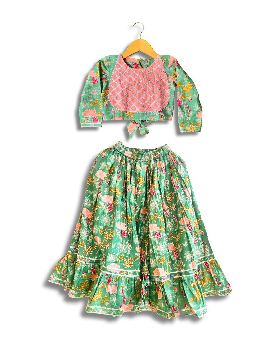Minty Cotton Floral Lehenga Set With Dupatta