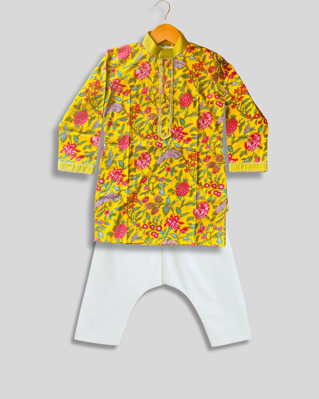 Boys Floral Kurta Pajama Set - Yellow
