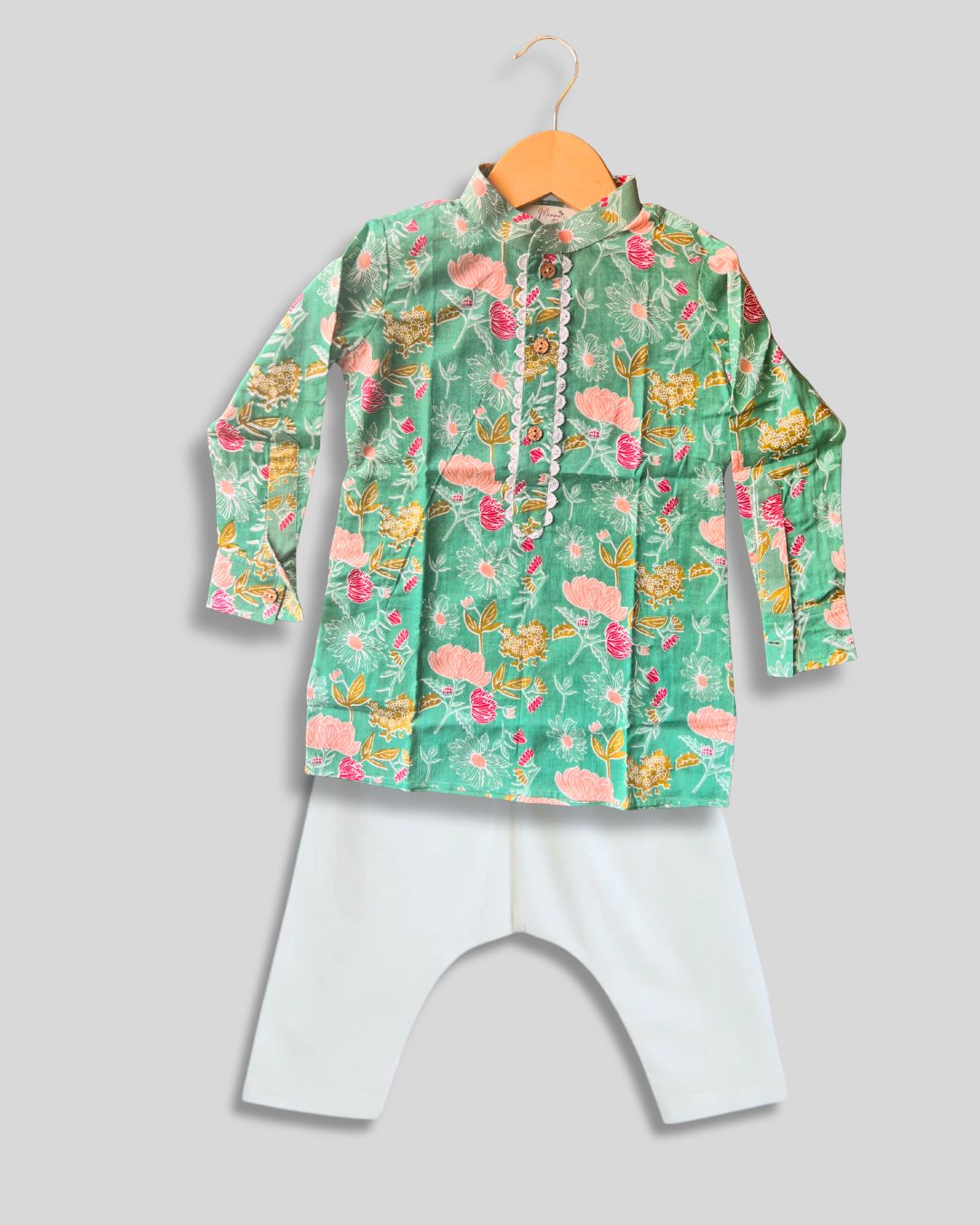 Boys Floral Kurta Pajama Set - Green