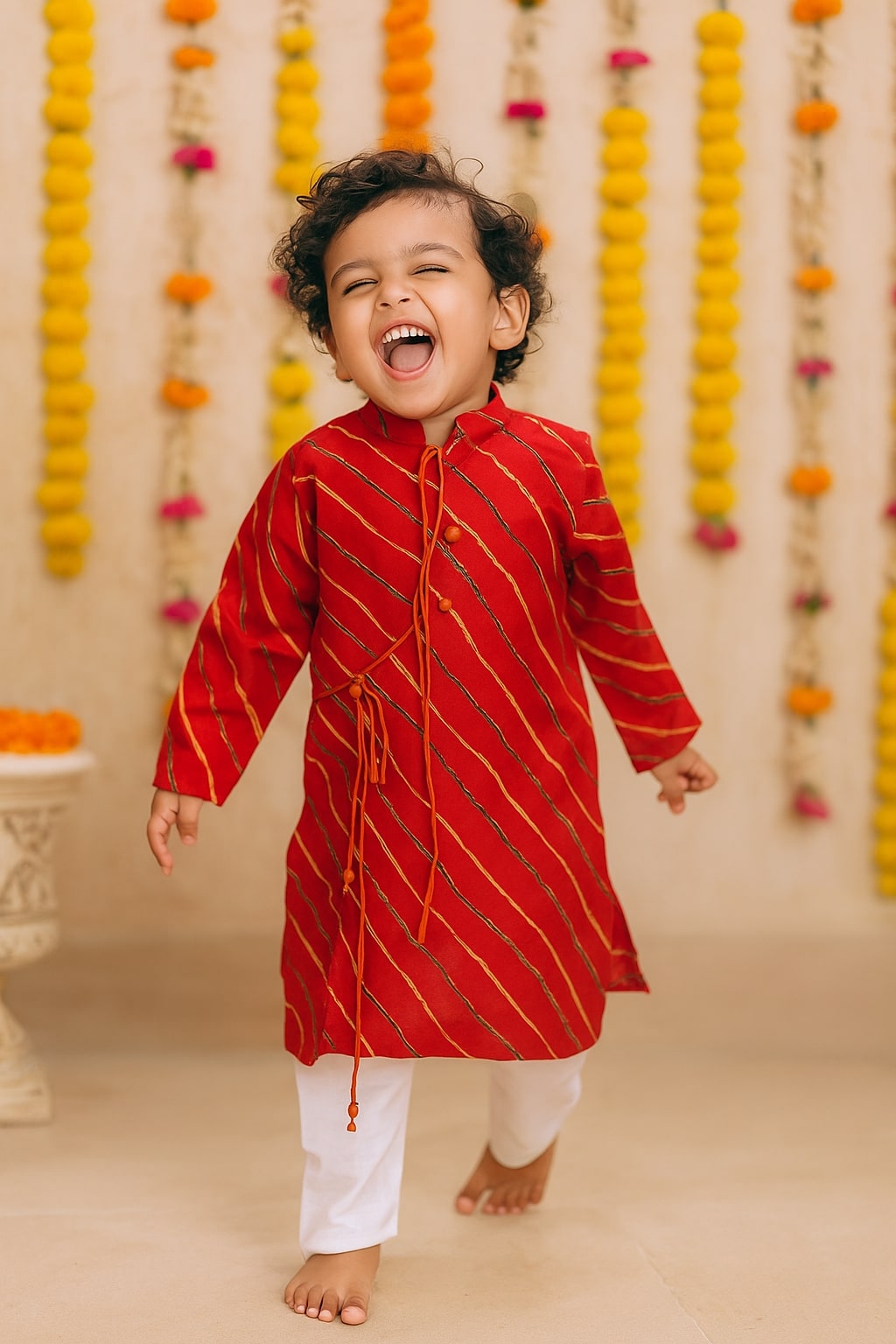 Red Leheriya Printed Cotton Kurta With White Pajama - Set of 2