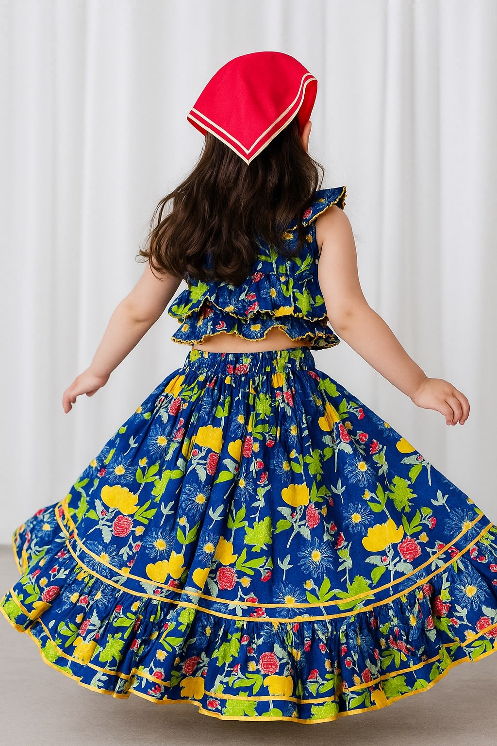 Royal Blue Cotton Floral Lehenga Set With Head Scarf