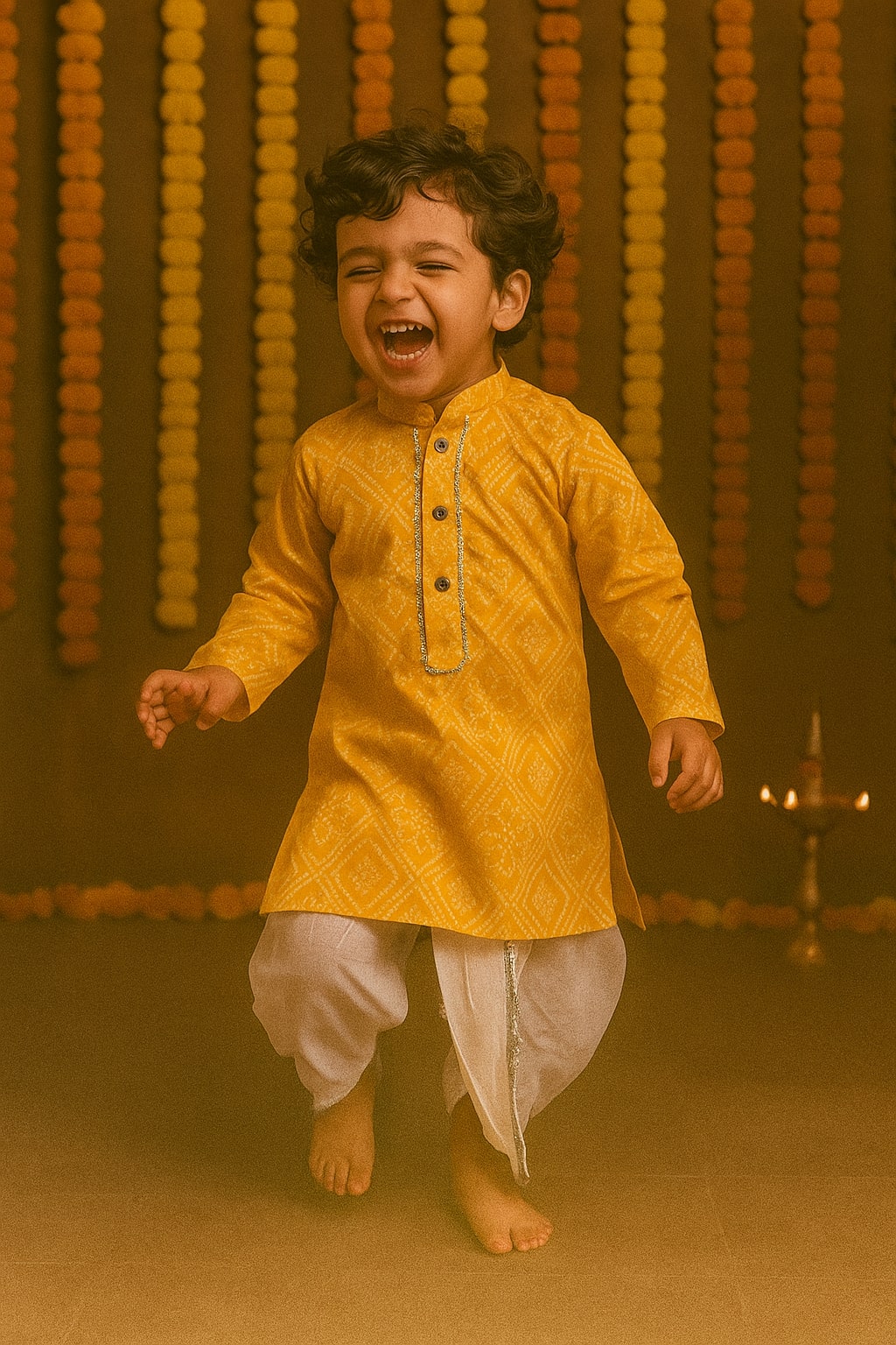 Yellow Bandhani Printed Cotton Kurta With White Dhoti - Set of 2
