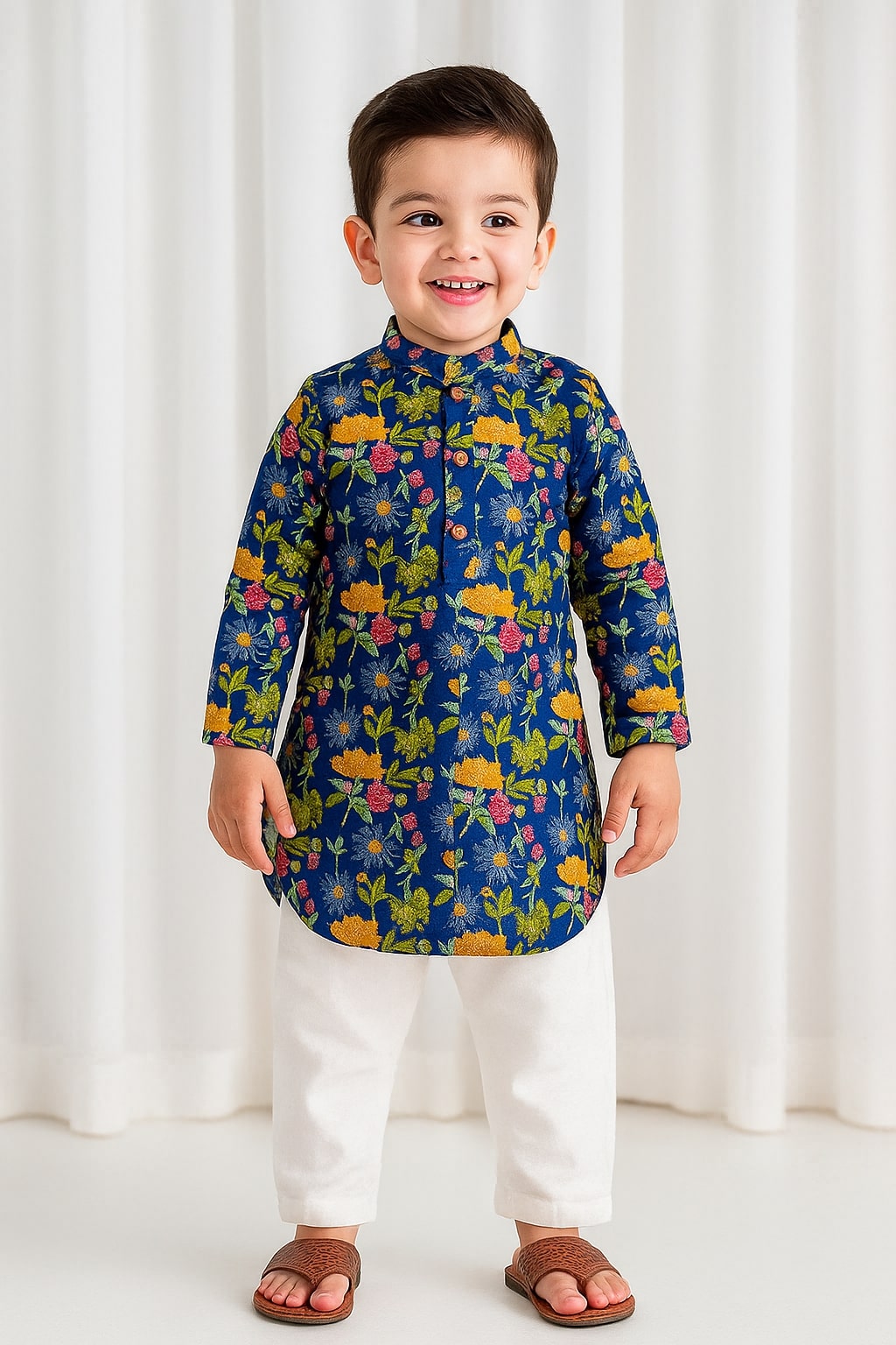 Boys Floral Kurta Pajama Set - Blue