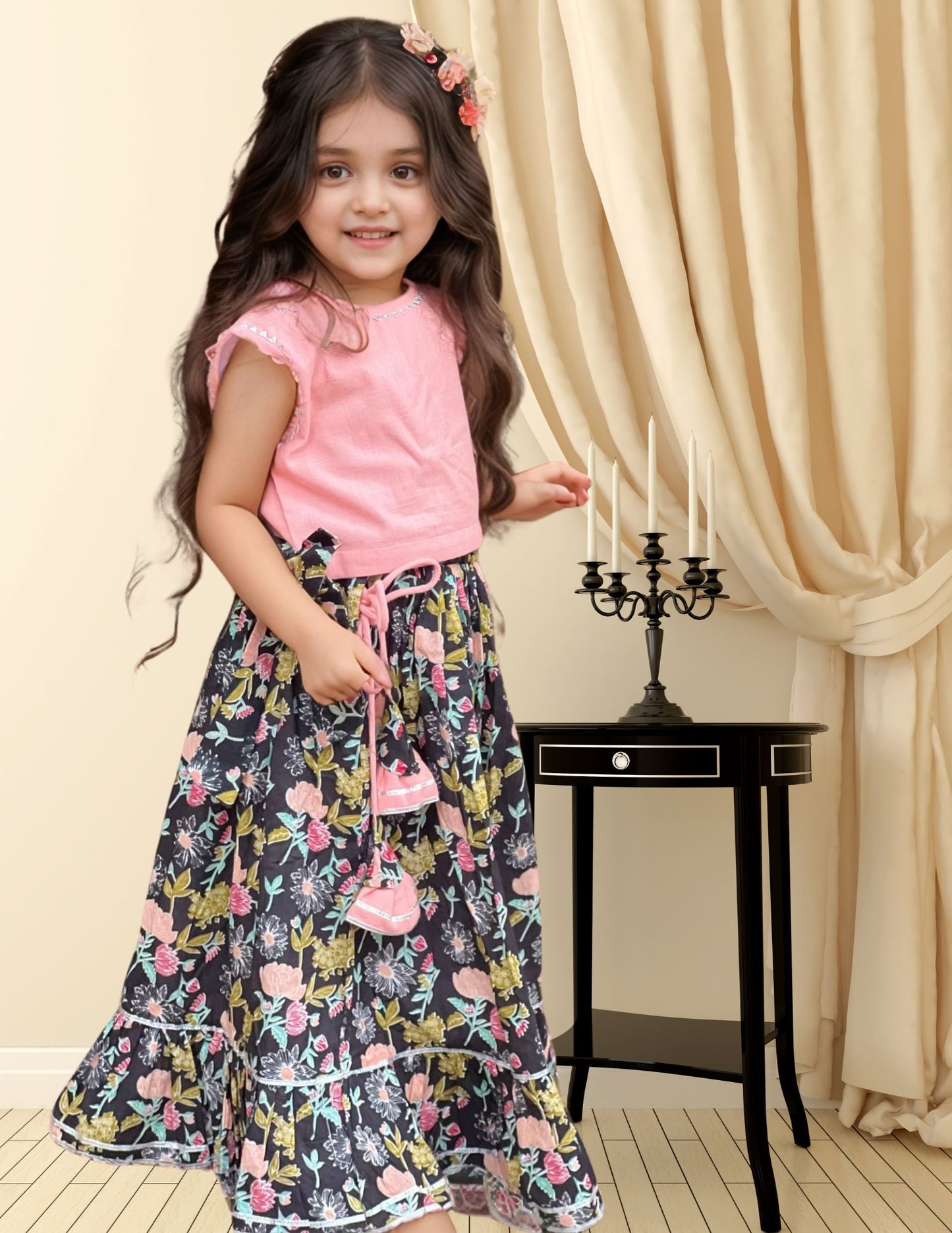 Peach And Black Floral Cotton Lehenga Set - Set of 2
