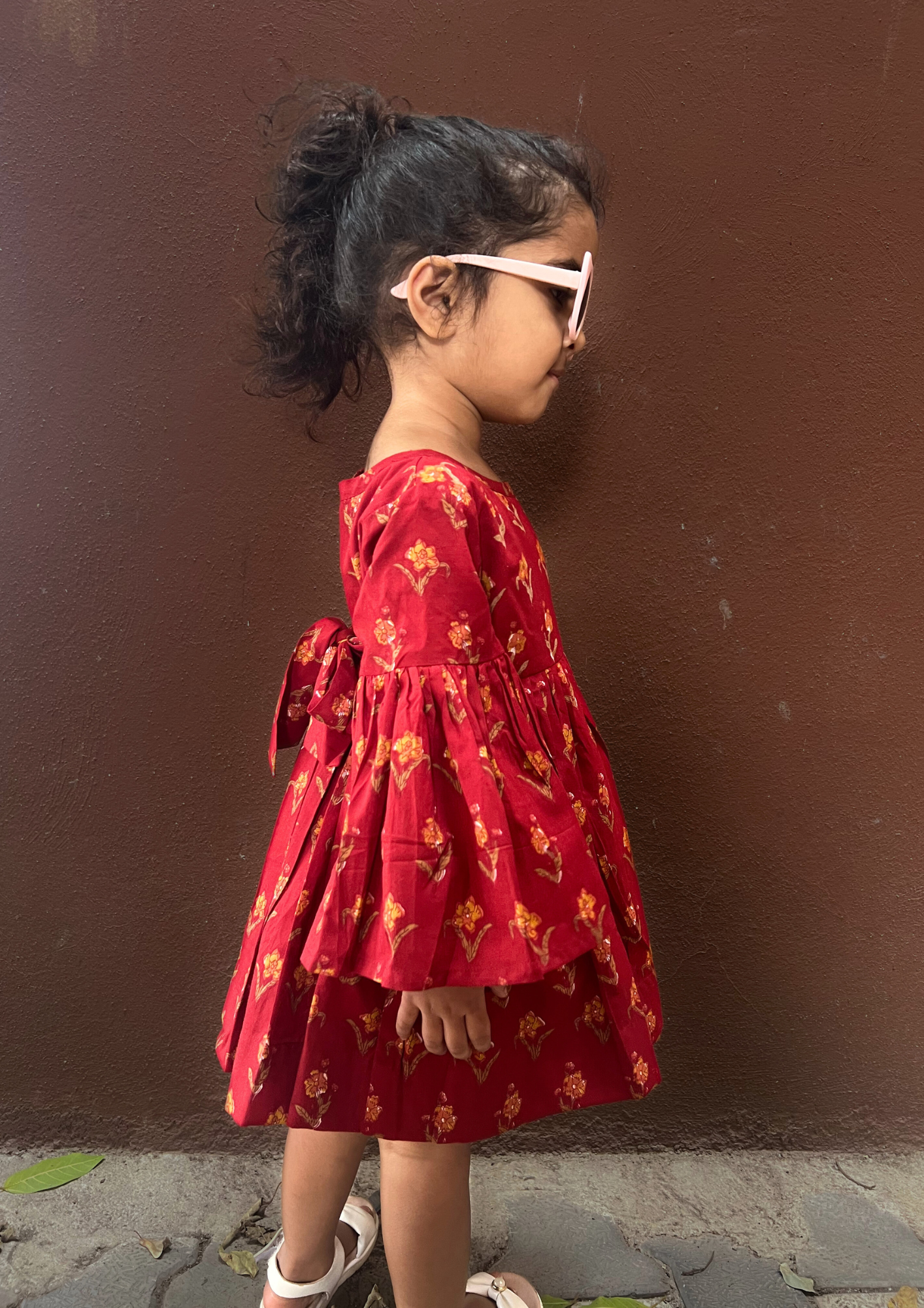 Girls Maroon Printed Dress With Flared Sleeves