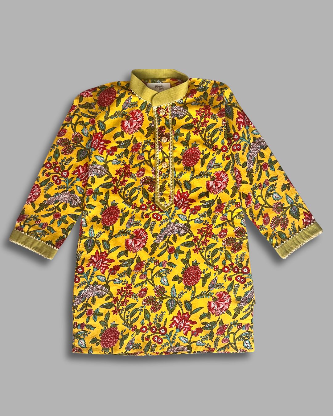 Boys Floral Kurta Pajama Set - Yellow