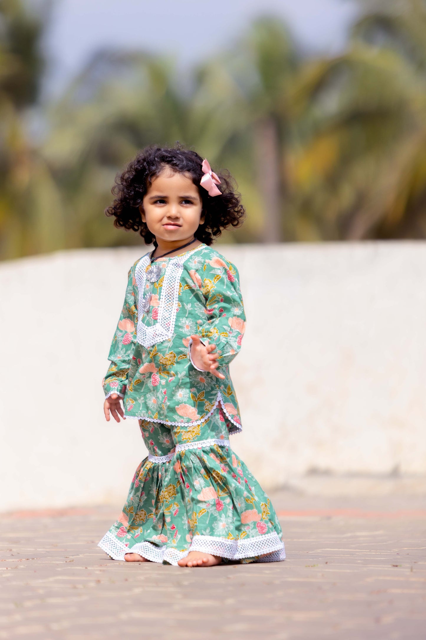 GIRLS MINTY GREEN SHARARA SET WITH LACE DETAILS