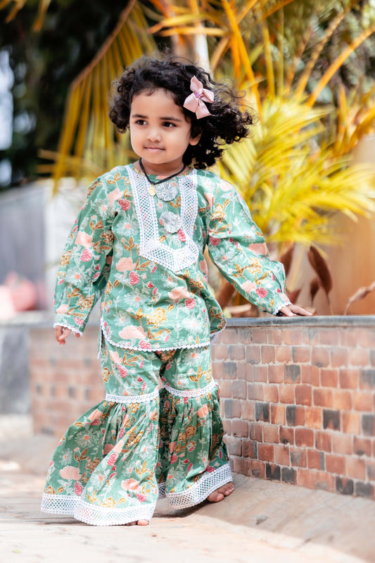 GIRLS MINTY GREEN SHARARA SET WITH LACE DETAILS