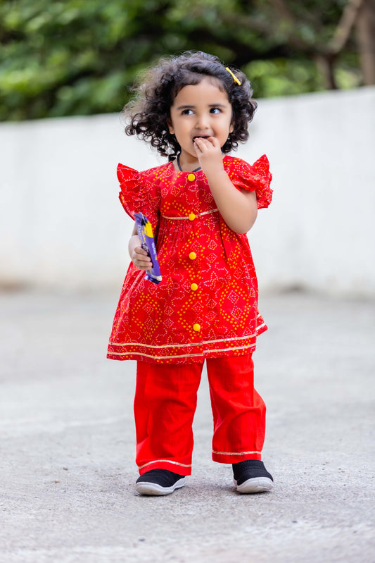 BAHAAR:Infants - Baby Girl Red Bandhani Jahbla Set