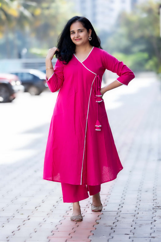 MAGENTA COTTON ANGRAKHA CO-ORD SET WITH LACE DETAILS (SET OF 2)