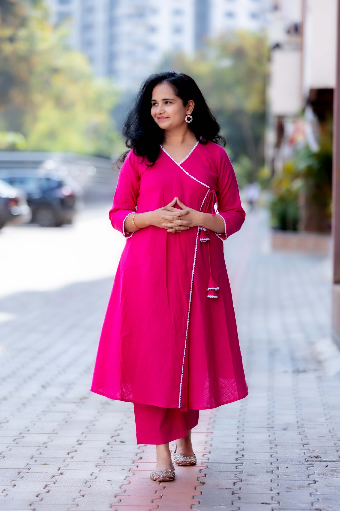 MAGENTA COTTON ANGRAKHA CO-ORD SET WITH LACE DETAILS (SET OF 2)