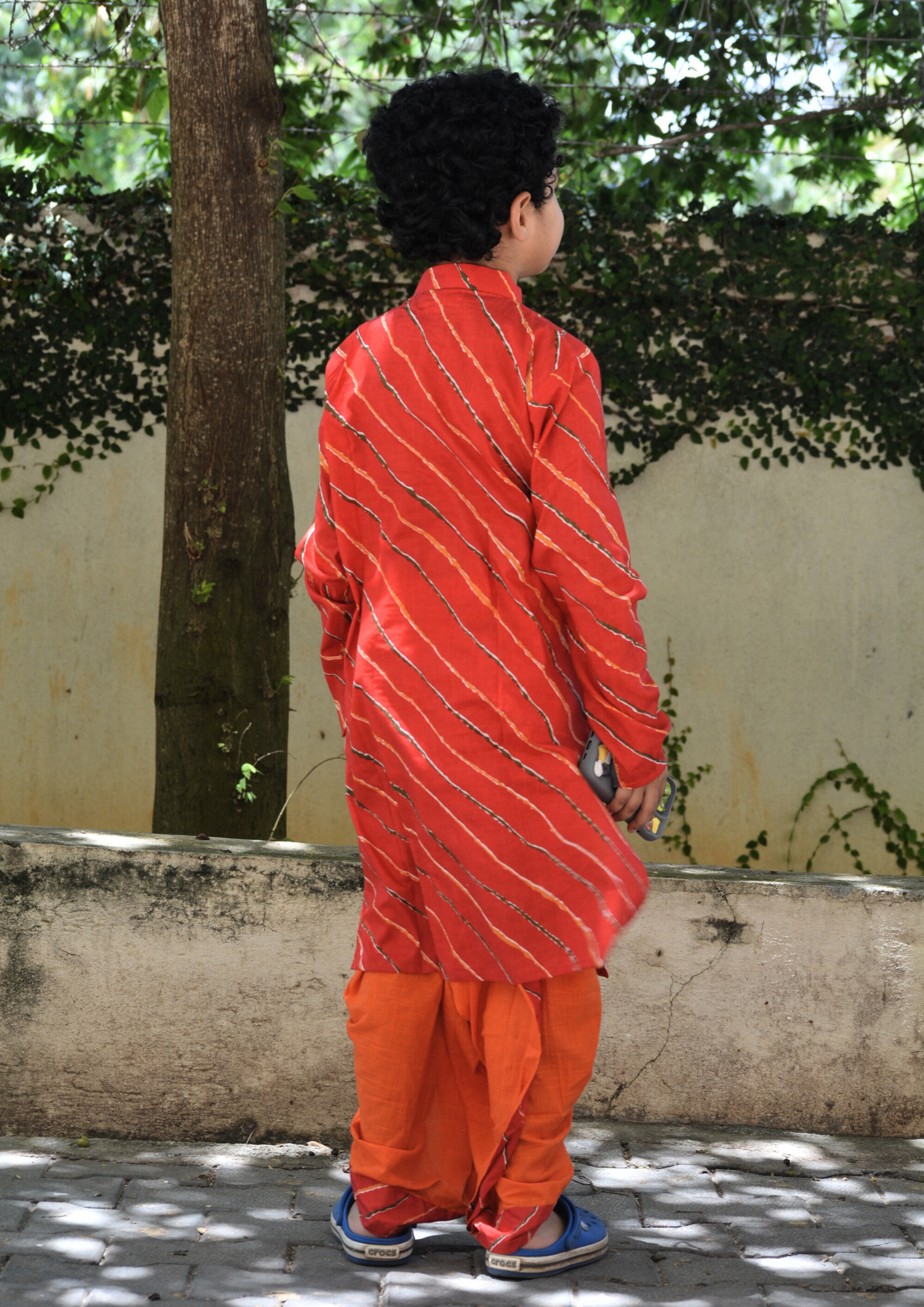 Red Leheriya Printed Cotton Kurta With Orange Dhoti - Set of 2